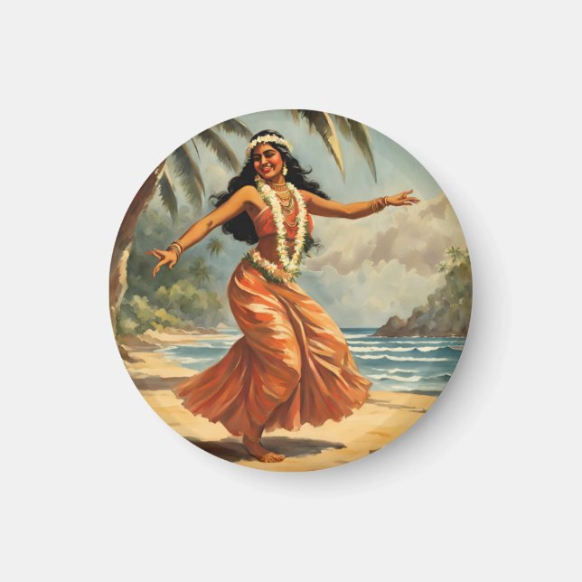 Vintage Style Hawaiian Travel Hula Girl Dancing Magnet (Front)