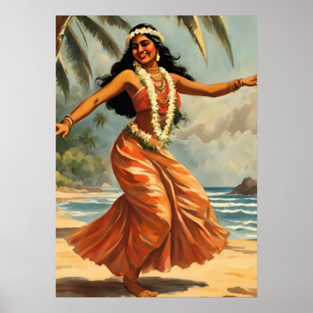 Vintage Style Hawaiian Travel Hula Girl Dancing Poster (Front)