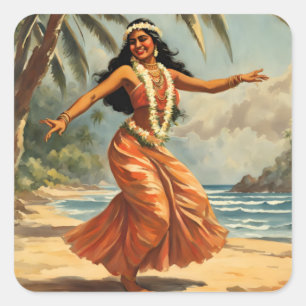 Vintage Style Hawaiian Travel Hula Girl Dancing Square Sticker