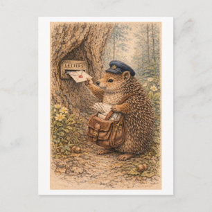Vintage-Style Hedgehog as Mailman Illustration Postcard