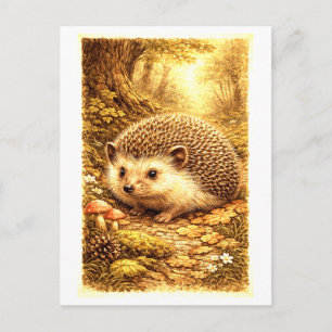 Vintage-Style Hedgehog in Forest Illustration Postcard