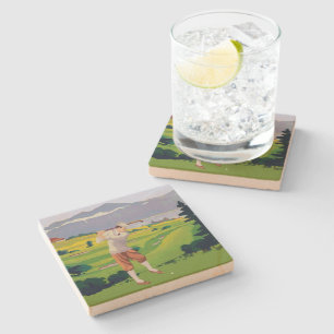 Vintage Style Highlands Golfing Scene Art Stone Coaster
