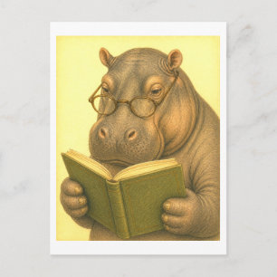 Vintage-Style Hippo Reading Postcard