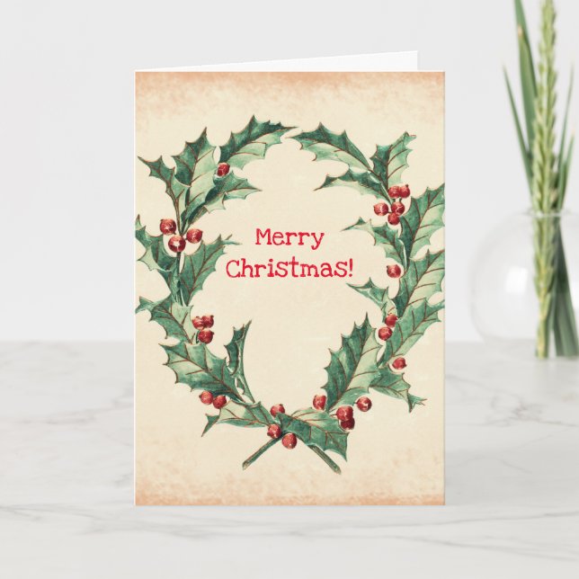 Vintage Style Holly Merry Christmas Card (Front)