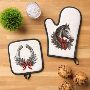 Vintage Style Horse Equestrian Kitchen Oven Mitt & Pot Holder Set