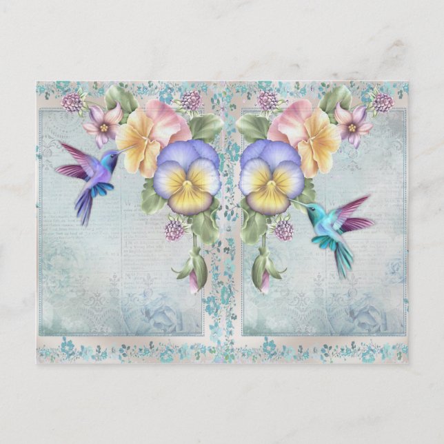 Vintage Style Hummingbirds and Purple Flowers Postcard (Front)