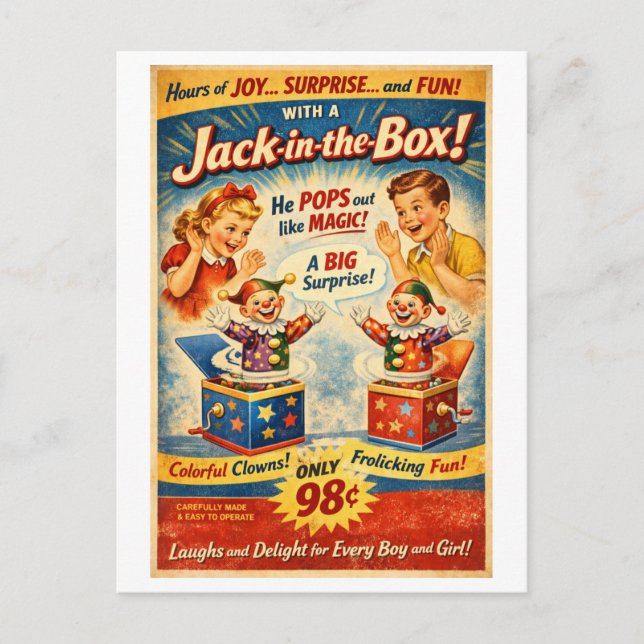 Vintage-Style Jack in the Box Advertisement Postcard (Front)
