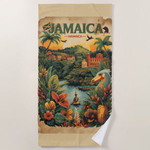 Vintage Style Jamaica Travel Illustration Beach Towel
