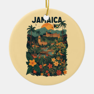 Vintage Style Jamaica Travel Illustration Ceramic Tree Decoration