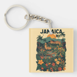 Vintage Style Jamaica Travel Illustration Key Ring