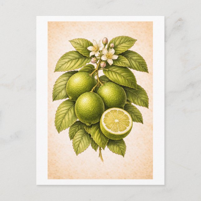Vintage-Style Key Lime Botanical Illustration Postcard (Front)