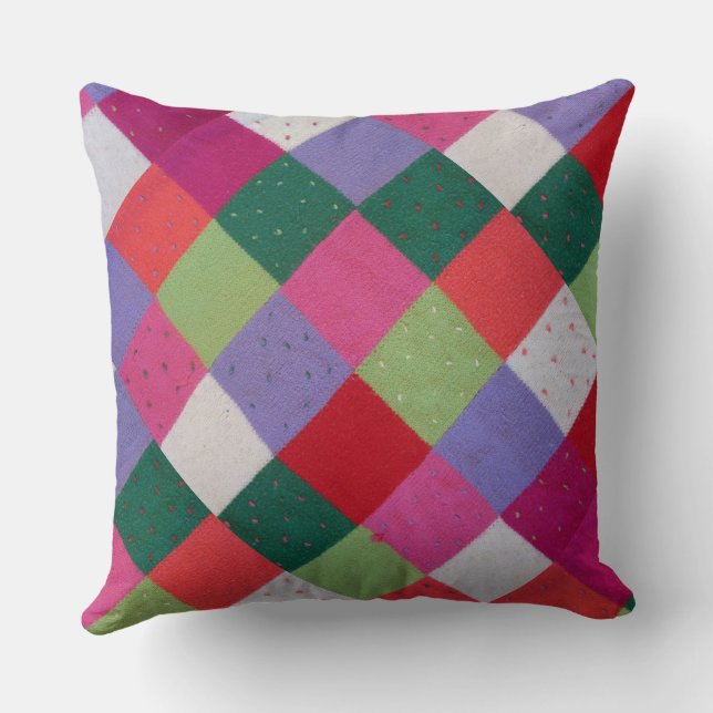 vintage style knitted patchwork squares colourful cushion (Back)