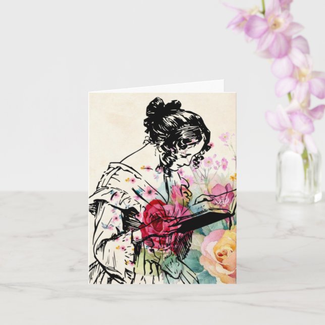 Vintage style Lady reading Book Card (Orchid)