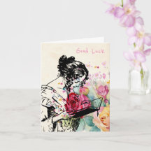 Vintage style Lady reading Book Good Luck Card