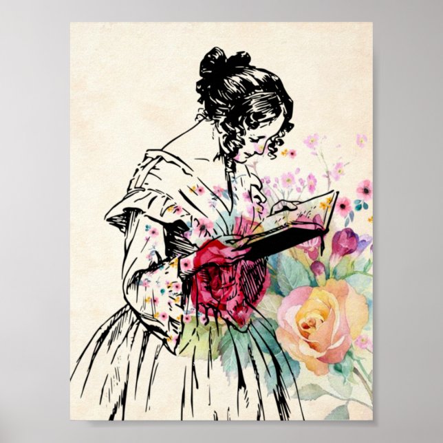 Vintage style Lady with book  Poster (Front)