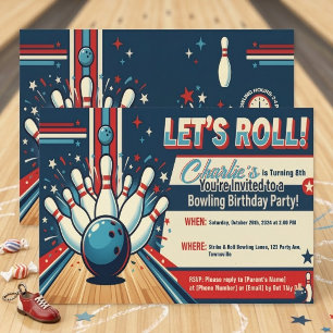 Vintage Style Let's Roll Bowling 8th Birthday Invitation