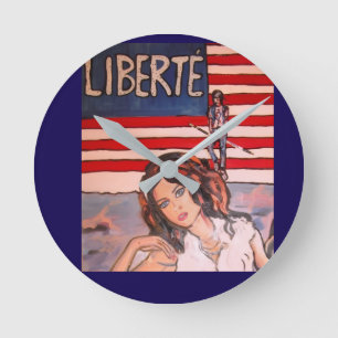 Vintage Style Liberté Portrait with American Flag Round Clock