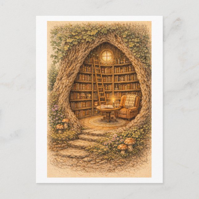 Vintage-Style Library in Hollow Tree Postcard (Front)
