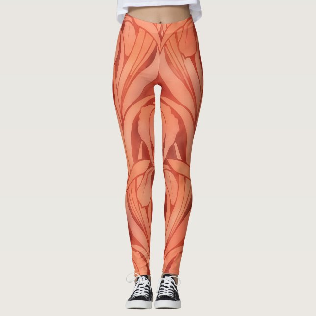 Vintage Style Lily Art Nouveau Orange Leggings  (Front)