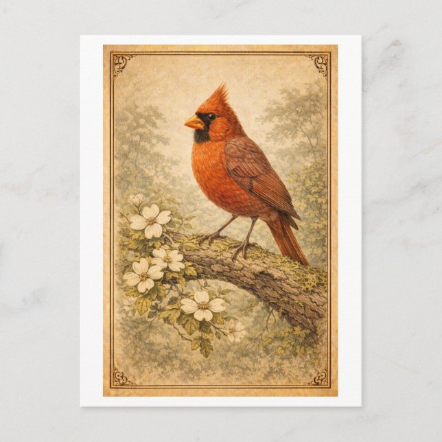 Vintage-Style Male Cardinal Illustration Postcard (Front)