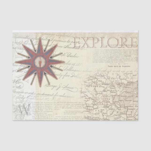 Vintage Style Map with Compass Tissue Paper (Front)