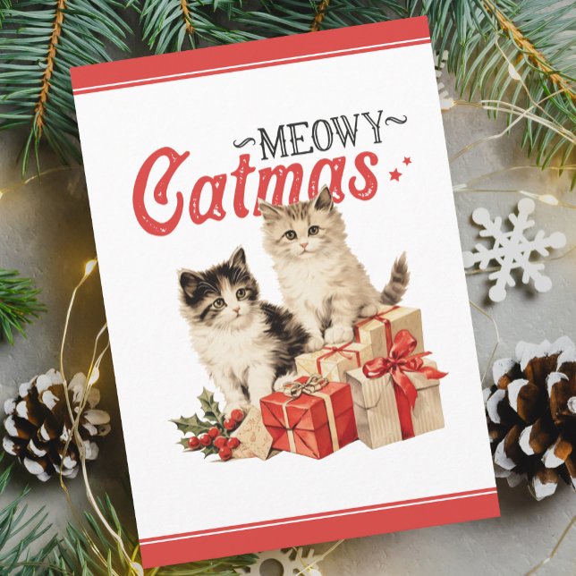 Vintage Style Meowy Catmas Cat Christmas Holiday Card (Creator Uploaded)
