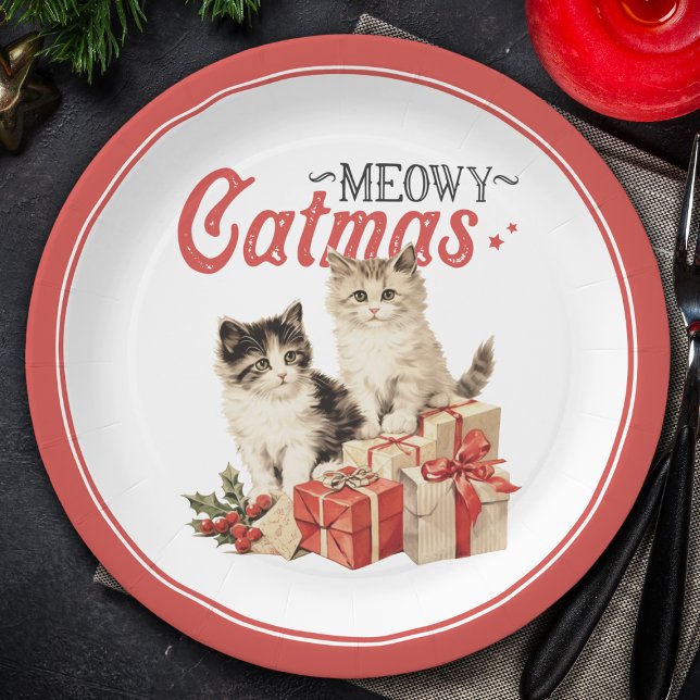 Vintage Style Meowy Catmas Cat Christmas Paper Plate (Creator Uploaded)