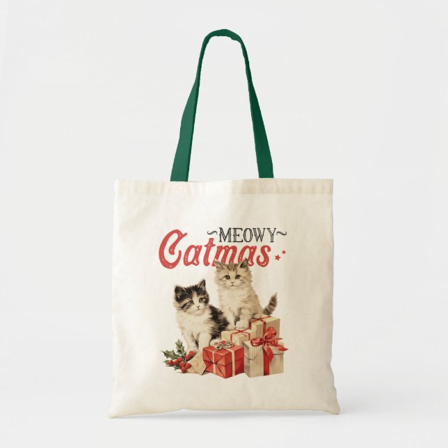 Vintage Style Meowy Catmas Cat Christmas Tote Bag (Front)