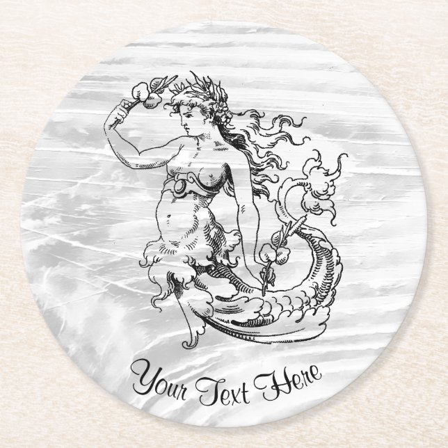 Vintage Style Mermaid Your Colour Round Paper Coaster (Front)