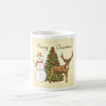 Vintage Style Merry Christmas Coffee Mug<br><div class="desc">A vintage style merry christmas scene with a tree a snowman and a reindeer. This design looks really effective on these Mug</div>