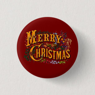 Vintage Style Merry Christmas Holiday Greeting  3 Cm Round Badge