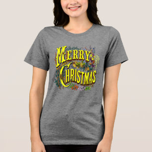 Vintage Style Merry Christmas Holiday Greeting Tri-Blend Shirt