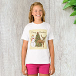 Vintage Style Merry Christmas T-Shirt<br><div class="desc">A vintage style merry christmas scene with a tree a snowman and a reindeer. This design looks really effective on this Girls T-Shirt</div>