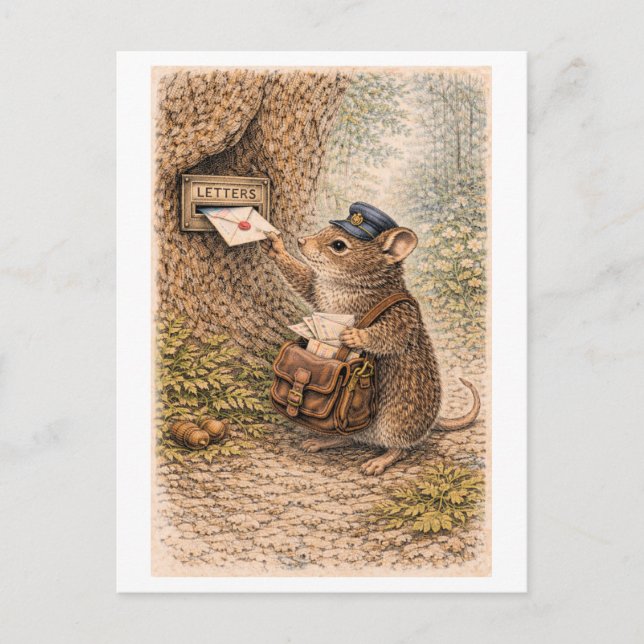Vintage-Style Mouse as Mailman Illustration Postcard (Front)