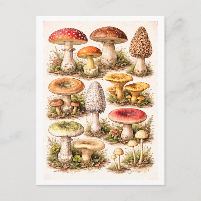 Vintage-Style Mushroom Illustration Postcard (Front)