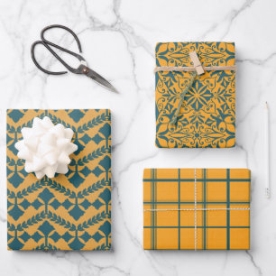 Vintage style mustard and teal wrapping paper sheet