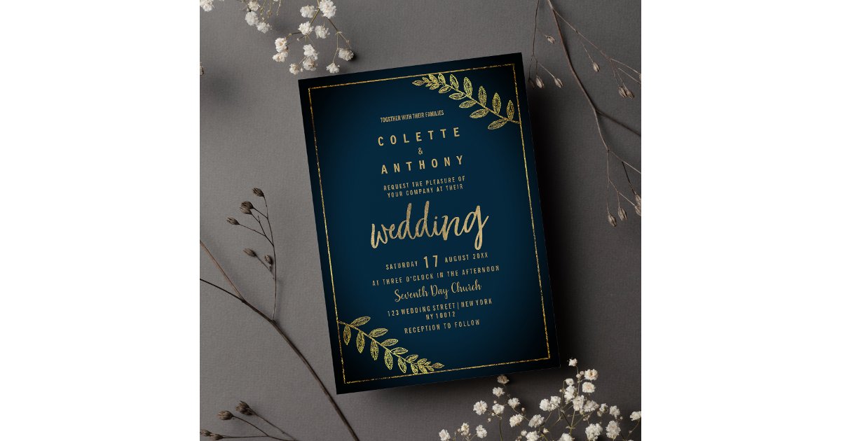 Vintage style navy blue gold floral chic Wedding Invitation | Zazzle