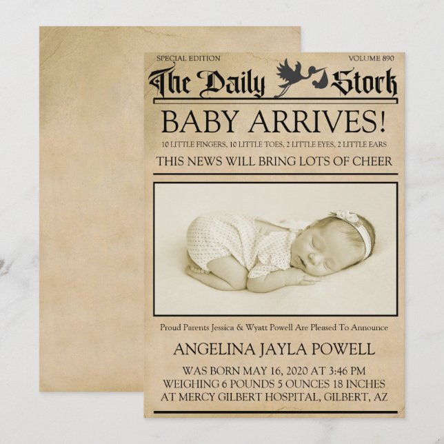 Vintage Style Newsletter Birth Announcement (Front/Back)