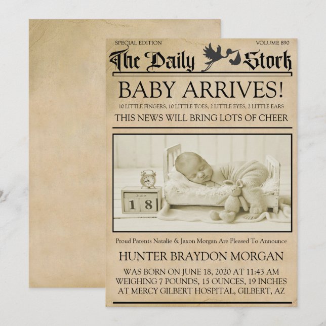 Vintage Style Newsletter Birth Announcement (Front/Back)