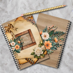 Vintage Style Old Paper Floral on Hessian Notebook