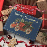 Vintage Style Old Red Truck Trees Merry Christmas Foil Holiday Card<br><div class="desc">Vintage style elegant Christmas card with real gold foil and an old red truck with trees. It features a navy blue background and all the text is editable.</div>