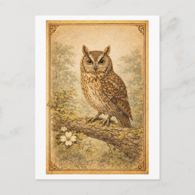 Vintage-Style Owl Illustration Postcard (Front)