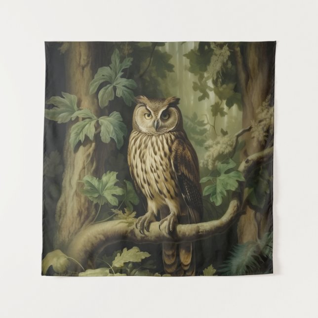 Vintage Style Owl in Enchanted Forest Tapestry (Front (Horizontal))