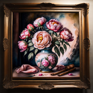 Vintage Style Painting of Bouquet of Flowers Vase  Poster