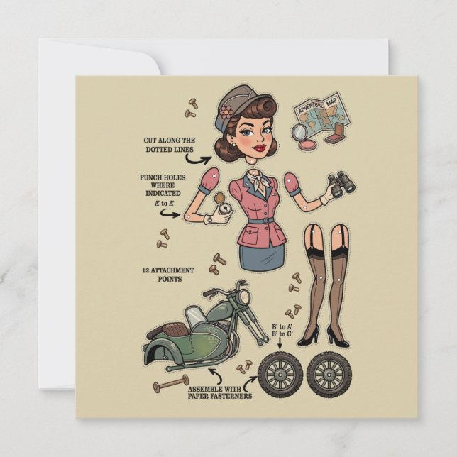 Vintage Style Paper Doll Kit Adventure Invitation (Front)