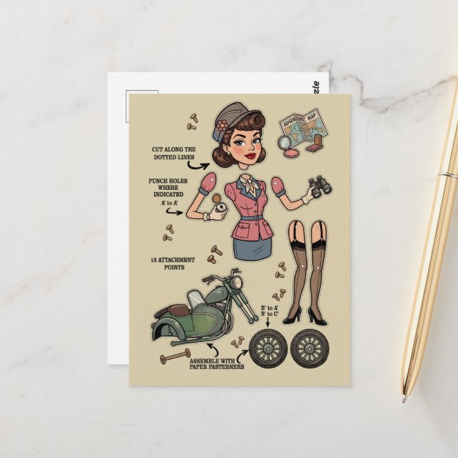 Vintage Style Paper Doll Kit Adventure Postcard (Front/Back In Situ)