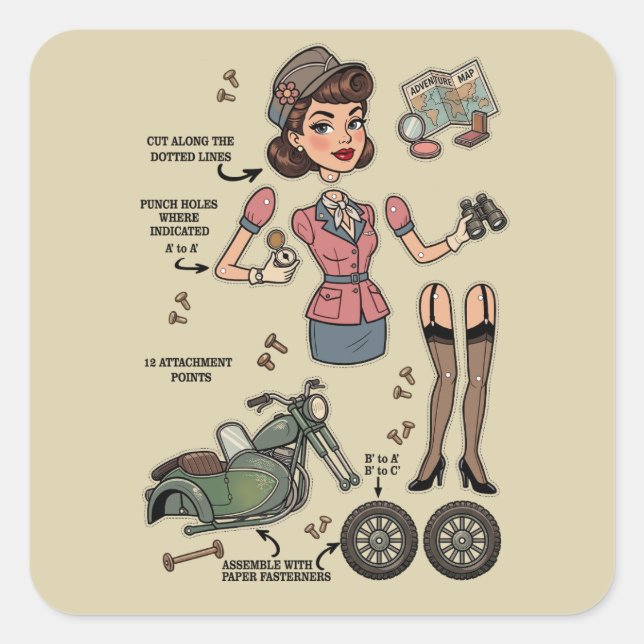 Vintage Style Paper Doll Kit Adventure Square Sticker (Front)