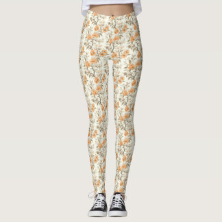Vintage-style Peach Blossom Floral Patterned Leggings