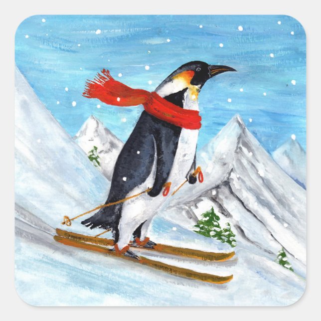 Vintage Style Penguin Downhill Skiing Square Sticker (Front)