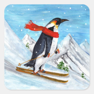 Vintage Style Penguin Downhill Skiing Square Sticker